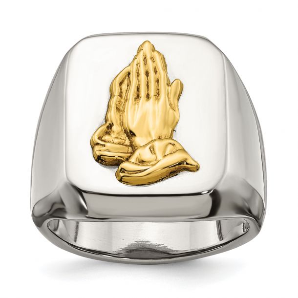Praying Hands Two Tone Stainless Steel and Yellow Gold Signet Ring