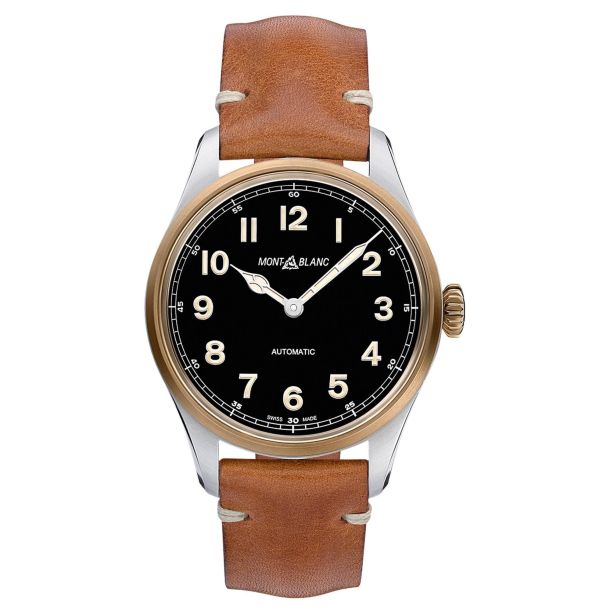 Previously Owned Montblanc 1858 Black Dial Brown Leather Strap Watch 44mm 116241