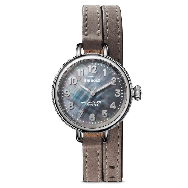 Previously Owned Shinola The Birdy Grey Mother of Pearl Dial Double Wrap Leather Strap Watch 34mm S0120178579 REEDS Jewelers