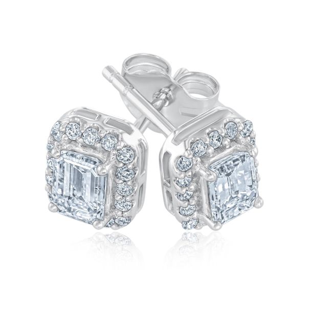 3 4ctw Emerald Cut Diamond Halo White Gold Earrings Classic Collection REEDS Jewelers