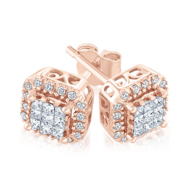 1 3ctw Princess and Round Diamond Rose Gold Stud Earrings REEDS Jewelers