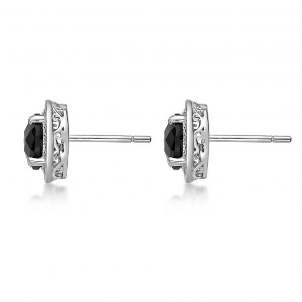 Round Black Onyx Created White Sapphire and Diamond Accent Halo Stud Earrings REEDS Jewelers