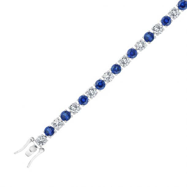 Round Created Blue Sapphire and Round Created White Sapphire Tennis Bracelet