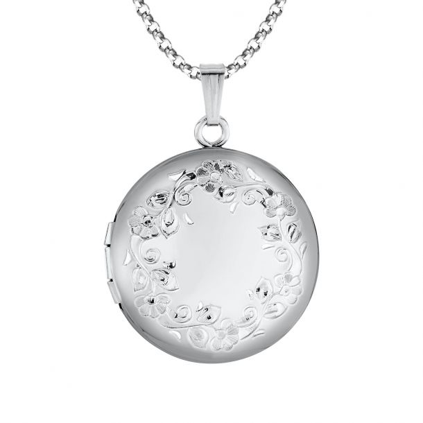 Round Engraved Floral Border Sterling Silver Locket Necklace