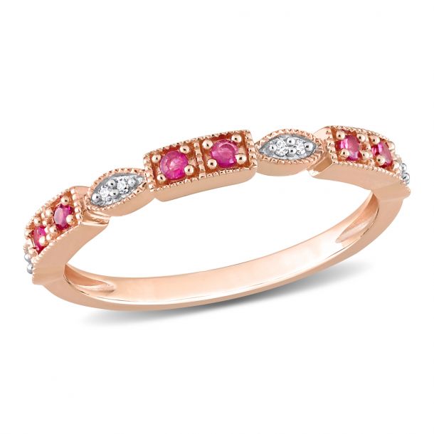 Ruby and 1/20ctw Diamond VintageInspired Rose Gold Stackable Ring