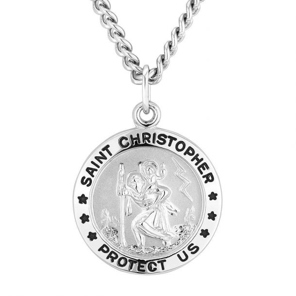 Blue Oval Saint Christopher Protect Us Words Pendant In 925