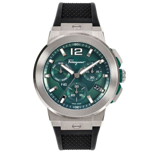 Ferragamo F 80 Titanium Tech Green Dial and Black Silicone Strap Watch 44mm SFMT00322