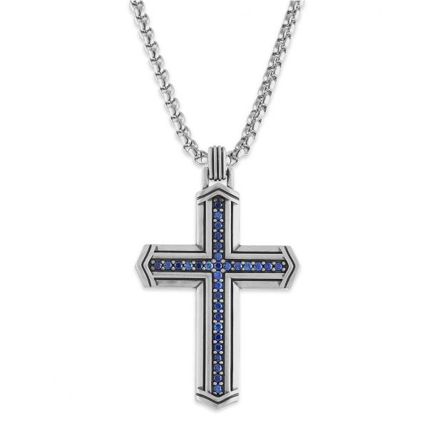 Sapphire Cross Sterling Silver Pendant Necklace