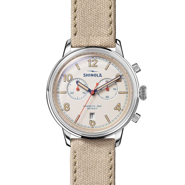 Shinola The Traveler Chronograph Beige Canvas Strap Watch 42mm
