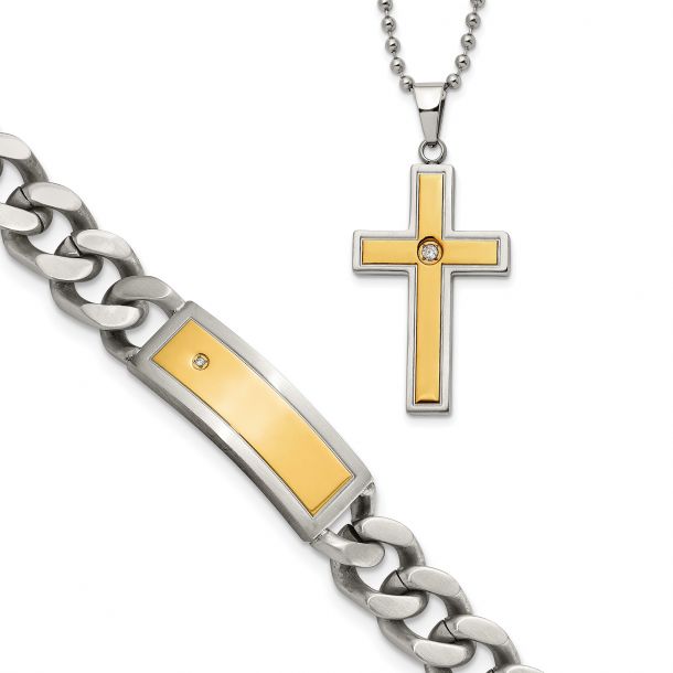Stainless Steel and Yellow Ion Plated Cross Pendant Necklace and