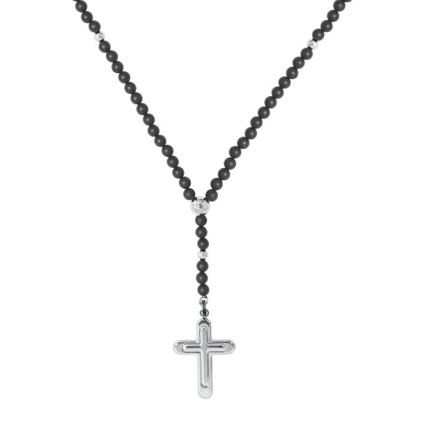 thumbnail image 2 of Stainless Steel Black Plated Rosary Necklace With Cross - 4mm Beads, Unisex Style 2 of 12