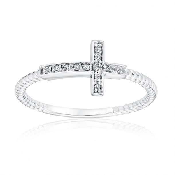 Sterling Silver Diamond Accented Sideways Cross Ring