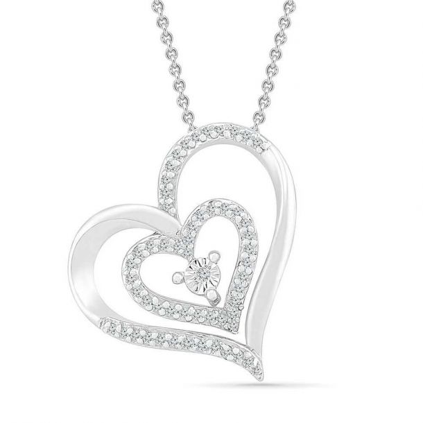 Sterling Silver Diamond Tilted Double Heart Pendant Necklace 1