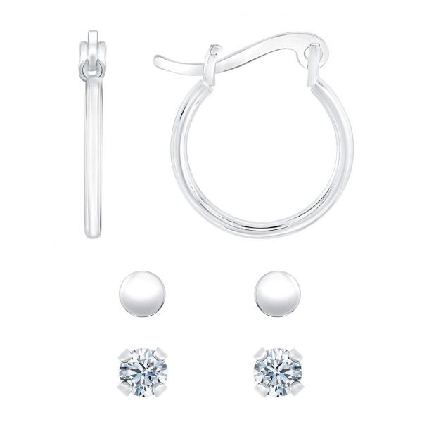 Sterling Silver Hoop, Cubic Zirconia, and Ball Stud Earring Set