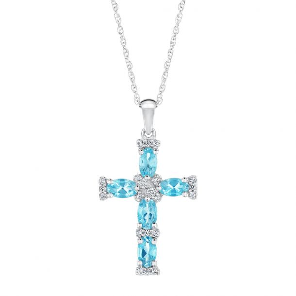 Swiss Blue Topaz and Created White Sapphire Cross Necklace