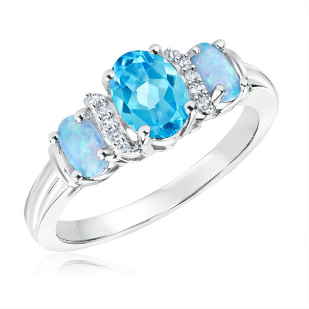 Swiss Blue Topaz Created Blue Opal and Created White Sapphire Ring