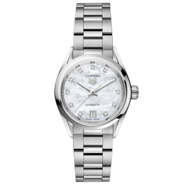 TAG Heuer CARRERA Calibre 9 Automatic Mother of Pearl Diamond Dial Stainless Steel Watch 29mm WBN2412.BA0621 REEDS Jewelers