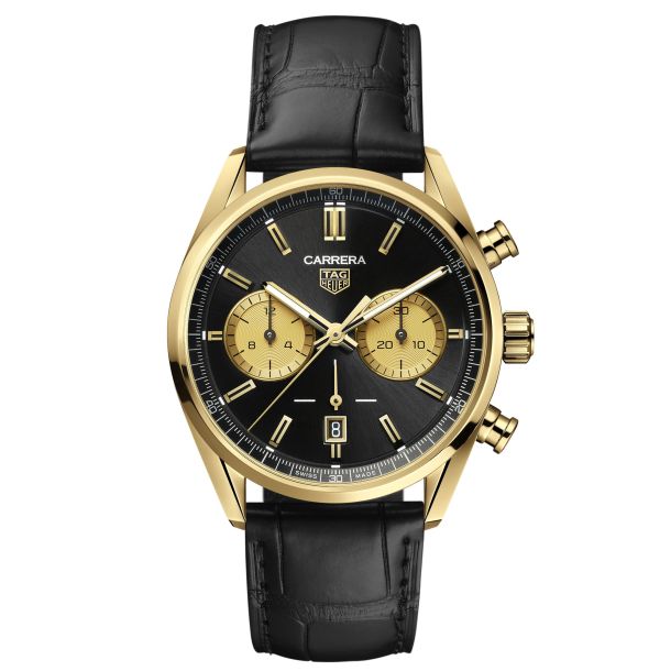TAG Heuer CARRERA Chronograph Automatic Gold Black Leather Strap Watch 42mm CBN2044.FC8313 REEDS Jewelers