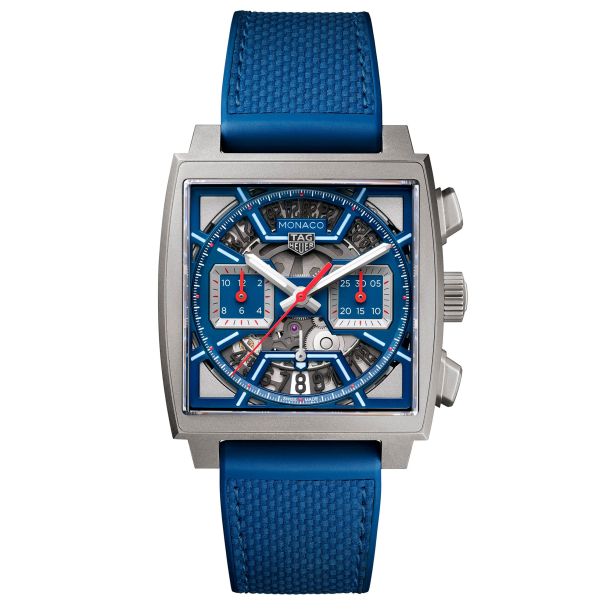 TAG Heuer MONACO Chronograph Skeleton Calibre Heuer 02 Automatic Titanium and Blue Strap Watch 39mm CBL2182.FT6235 REEDS Jewelers