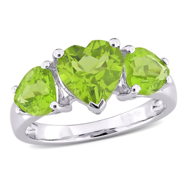 Three Stone Heart Peridot Sterling Silver Ring