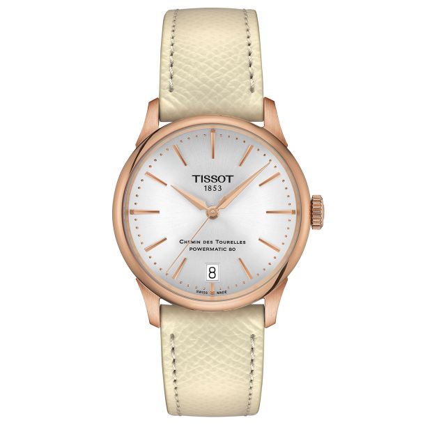 Tissot Chemin des Tourelles Powermatic 80 Silver Tone Dial Cream Leather Strap Watch 34mm T139.207.36.031.00