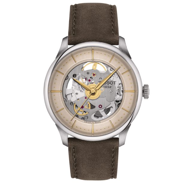 Tissot Chemin Des Tourelles Squelette Ivory Dial Green Leather Strap Watch 39mm T1398361626100 REEDS Jewelers