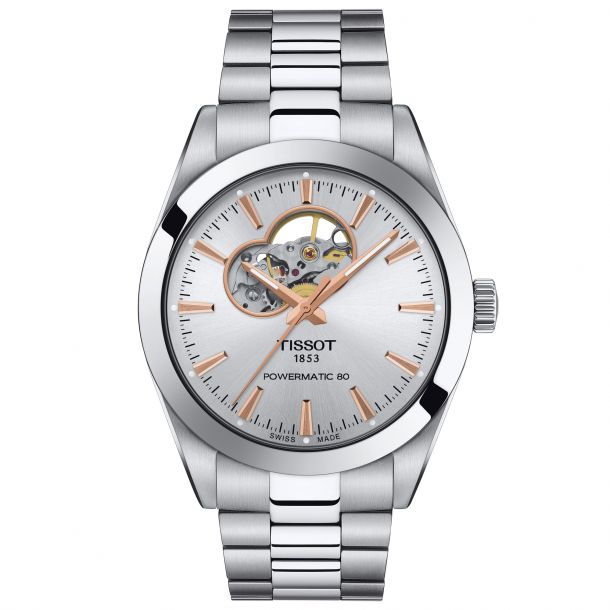Tissot T Classic Gentleman Powermatic 80 Open Heart Silver Tone Dial Stainless Steel Watch 40mm T1274071103101