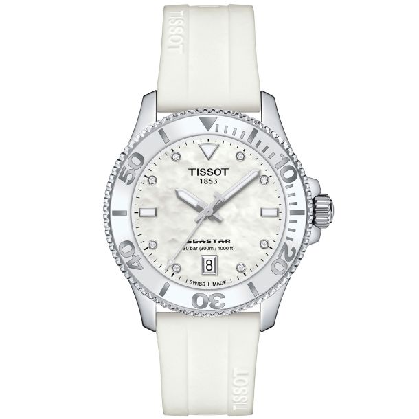 Tissot T Sport Seastar 1000 Quartz Diver Mother of Pearl Dial White Silicone Strap Watch 36mm T1202101711600