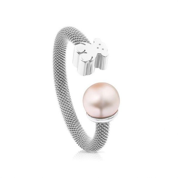 TOUS Icon Bear and Pearl Mesh Ring Size 6.5
