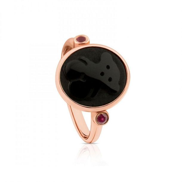 TOUS Onyx and Ruby Camee Rose Gold Plated Ring Size 7