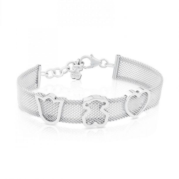 TOUS Sterling Silver Bear Flower and Heart Mesh Bracelet