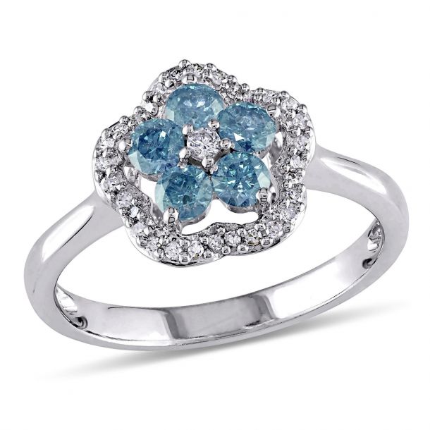 Blue Diamond and 1 2ctw Diamond White Gold Flower Ring