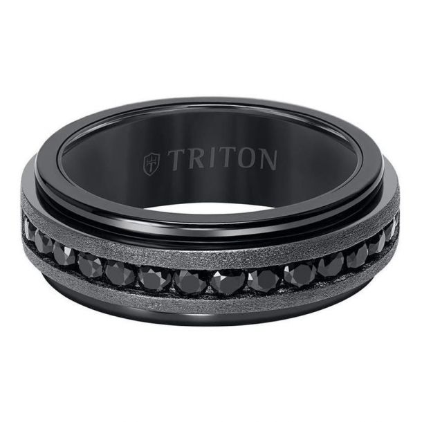 TRITON Black Tungsten Carbide and Silver Satin Finish Black Sapphire Wedding Band 8mm