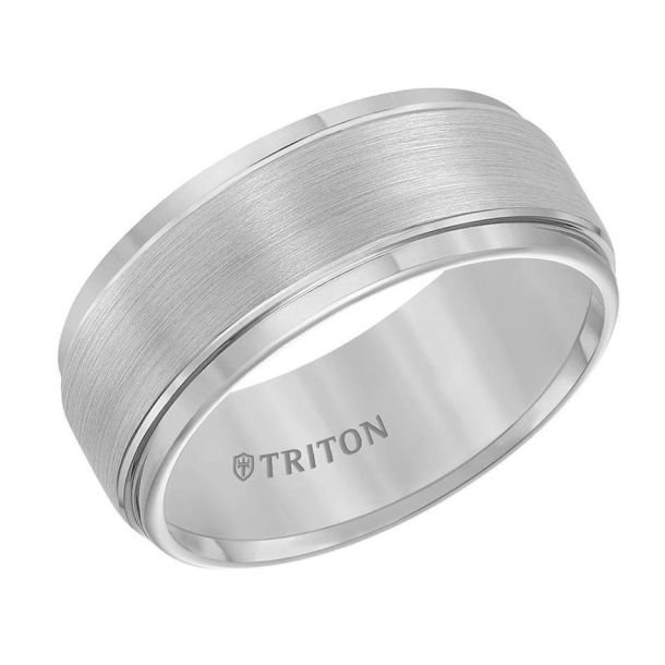 TRITON Grey Tungsten Carbide Brushed Finish Step Edge Comfort Fit Wedding Band 9mm REEDS Jewelers