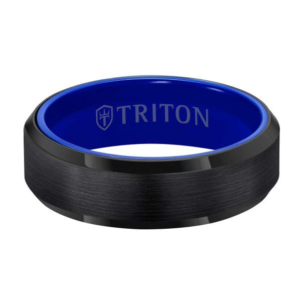 TRITON Raw Black DLC Tungsten Carbide with Blue Ceramic Sleeve Beveled Edge Comfort Fit Wedding Band 7mm REEDS Jewelers