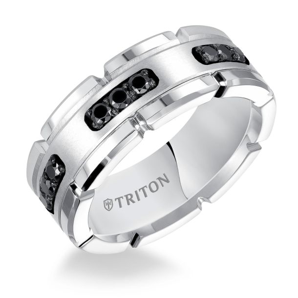 TRITON Treated Black Diamond Accent White Tungsten Carbide Comfort Fit Wedding Band 8mm REEDS Jewelers