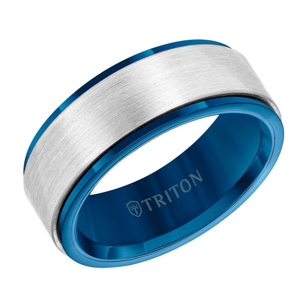 THREE KEYS JEWELRY 8mm Tungsten Wedding Ring for Men Blue High