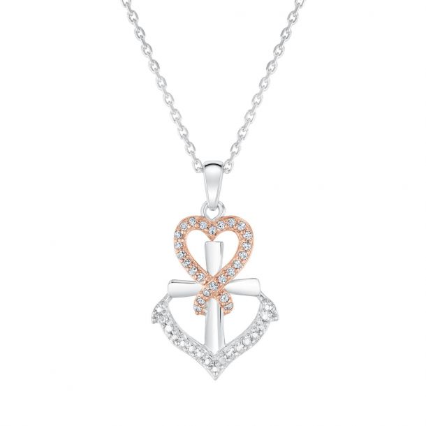 Two-Tone Heart, Anchor, Cross Diamond Pendant Necklace 1/10ctw