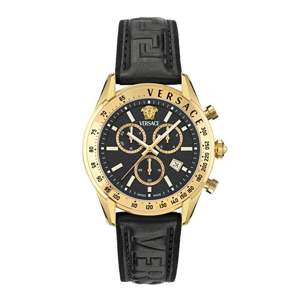 Versace Chrono Master Black Dial and Black Leather Strap Watch 44mm VE8R00224