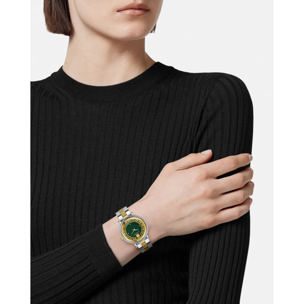 Watch Dial | 35mm | Versace Flourish Stainless Greca Green Two-Tone Steel | Jewelers VE7F00523 REEDS Bracelet