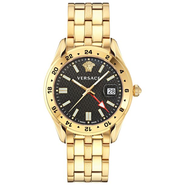 Versace Greca Time GMT Black Dial Gold Stainless Steel Bracelet Watch 41mm VE7C00723