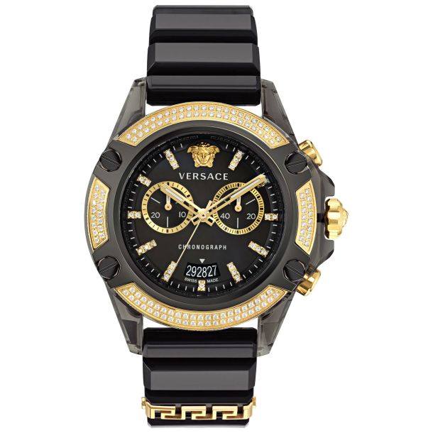 Versace Icon Active Diamond Accent Gold Dial Black Silicone Strap