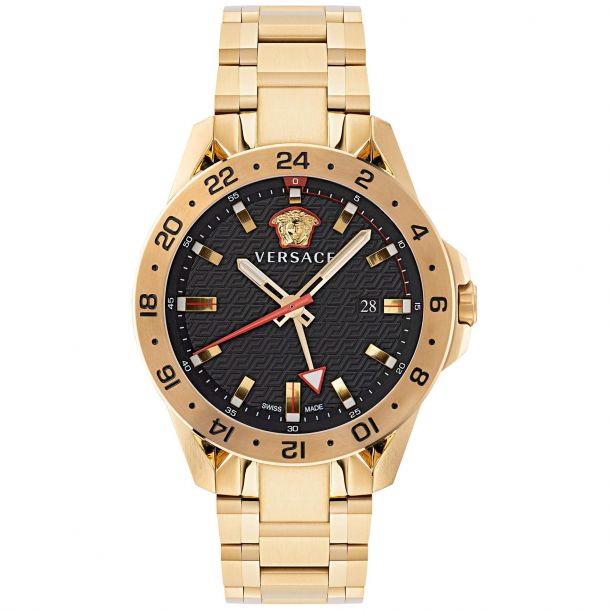 Versace Sport Tech GMT Black Guilloche Dial Gold Tone Bracelet Watch 45mm VE2W00522