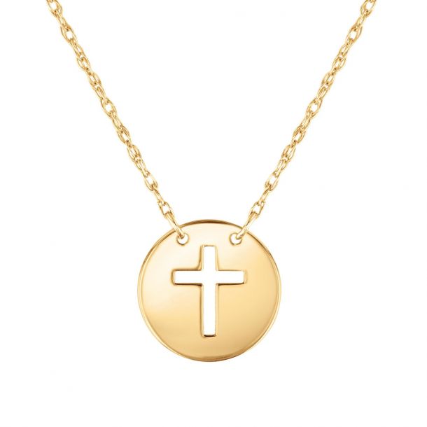 Yellow Gold Mini Disc Cross Necklace | REEDS Jewelers