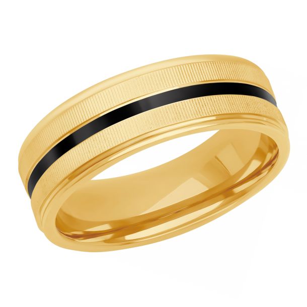 Yellow Gold with Black Ceramic Inlay Coin Edge Textured Wedding