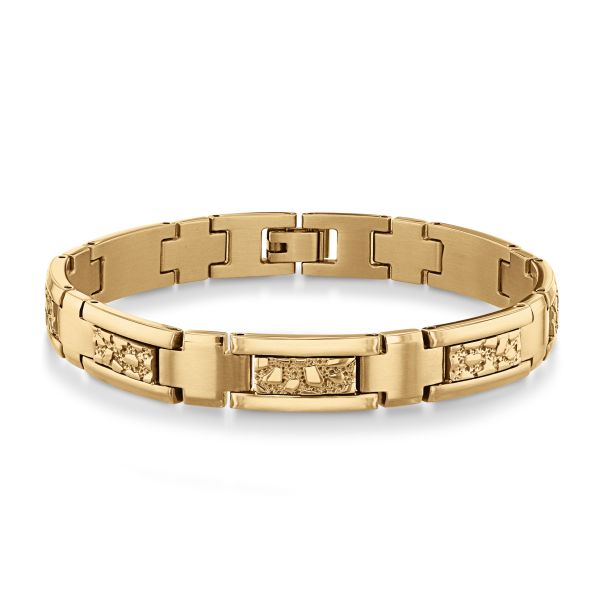 Yellow Ion Plated Stainless Steel Nugget Textured Link Bracelet Men s