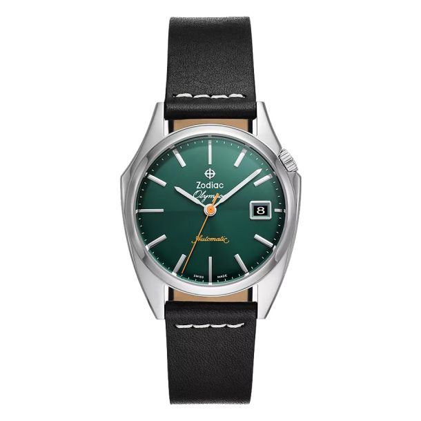 Zodiac Olympos watch with black leather strap and green 