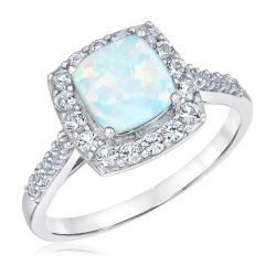 Cushion Created Opal and Created White Sapphire Sterling Silver Ring