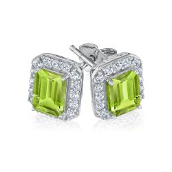 Emerald-Cut Peridot and Created White Sapphire Sterling Silver Earrings