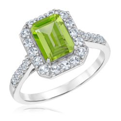 Emerald-Cut Peridot and Created White Sapphire Sterling Silver Ring
